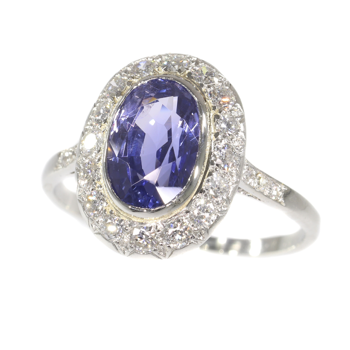 French Vintage Fifties Art Deco platinum diamond sapphire engagement ring